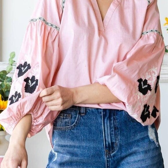 Band Collar Embroidered Puff Sleeve Peasant Blouse - Picture 3 of 11